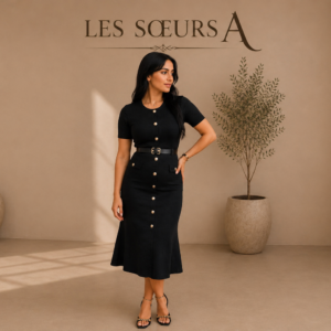 Robe Kim noire élégante femme avec ceinture et boutons dorés