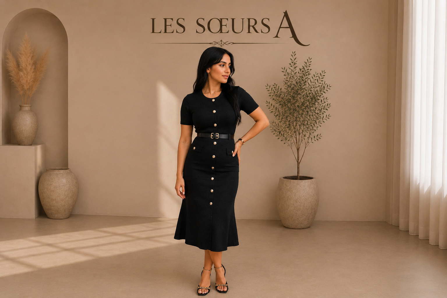 Robe Kim noire élégante femme avec ceinture et boutons dorés