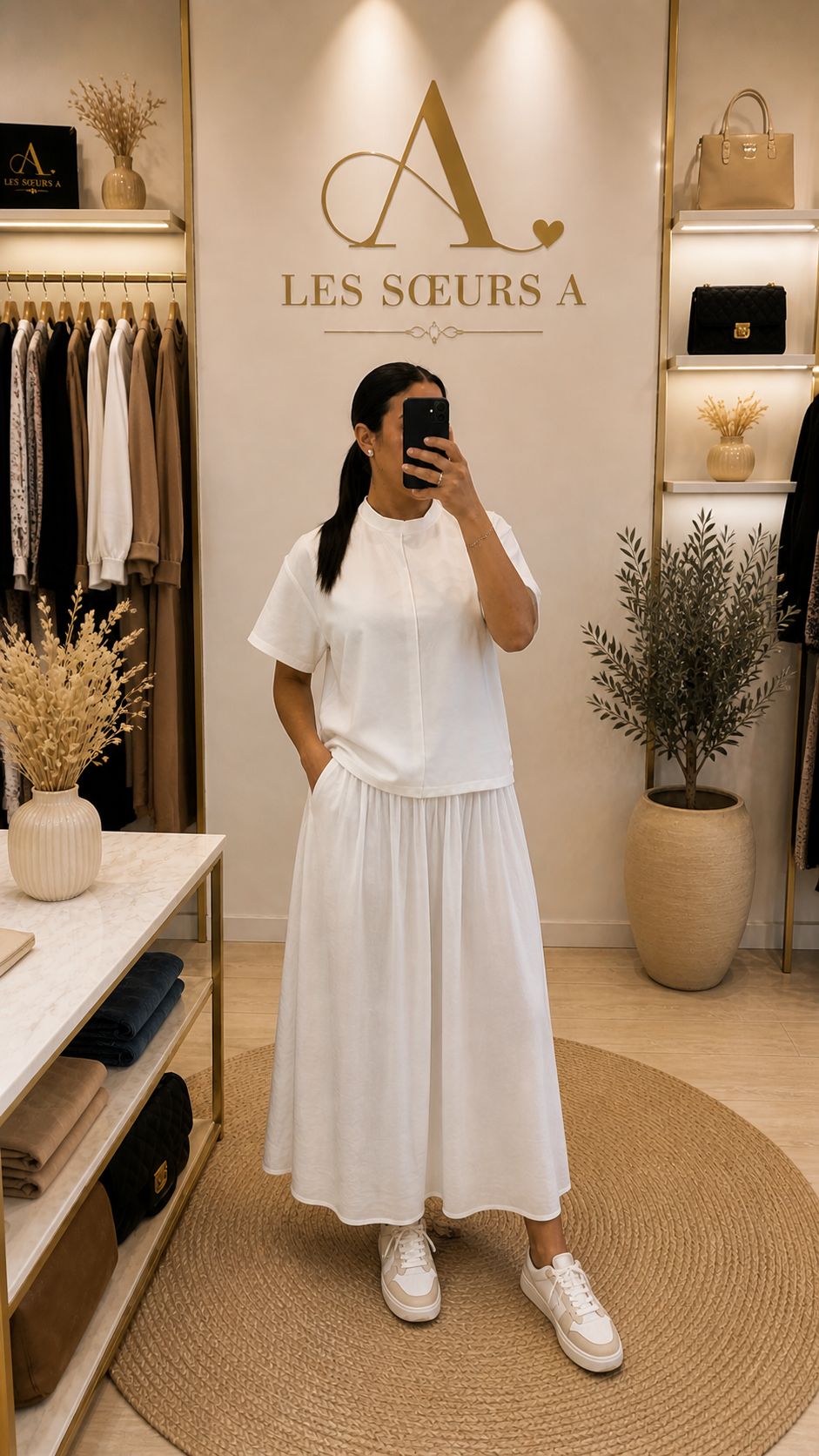 Robe longue blanche fluide au style chic et minimaliste, parfaite pour un look élégant et confortable au quotidien.